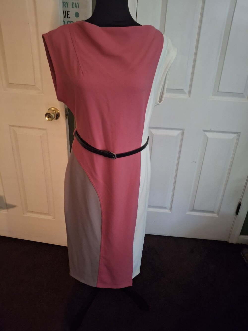 Donna Karan Pink, Cream & Gray Colorblock Midi Dress with Belt